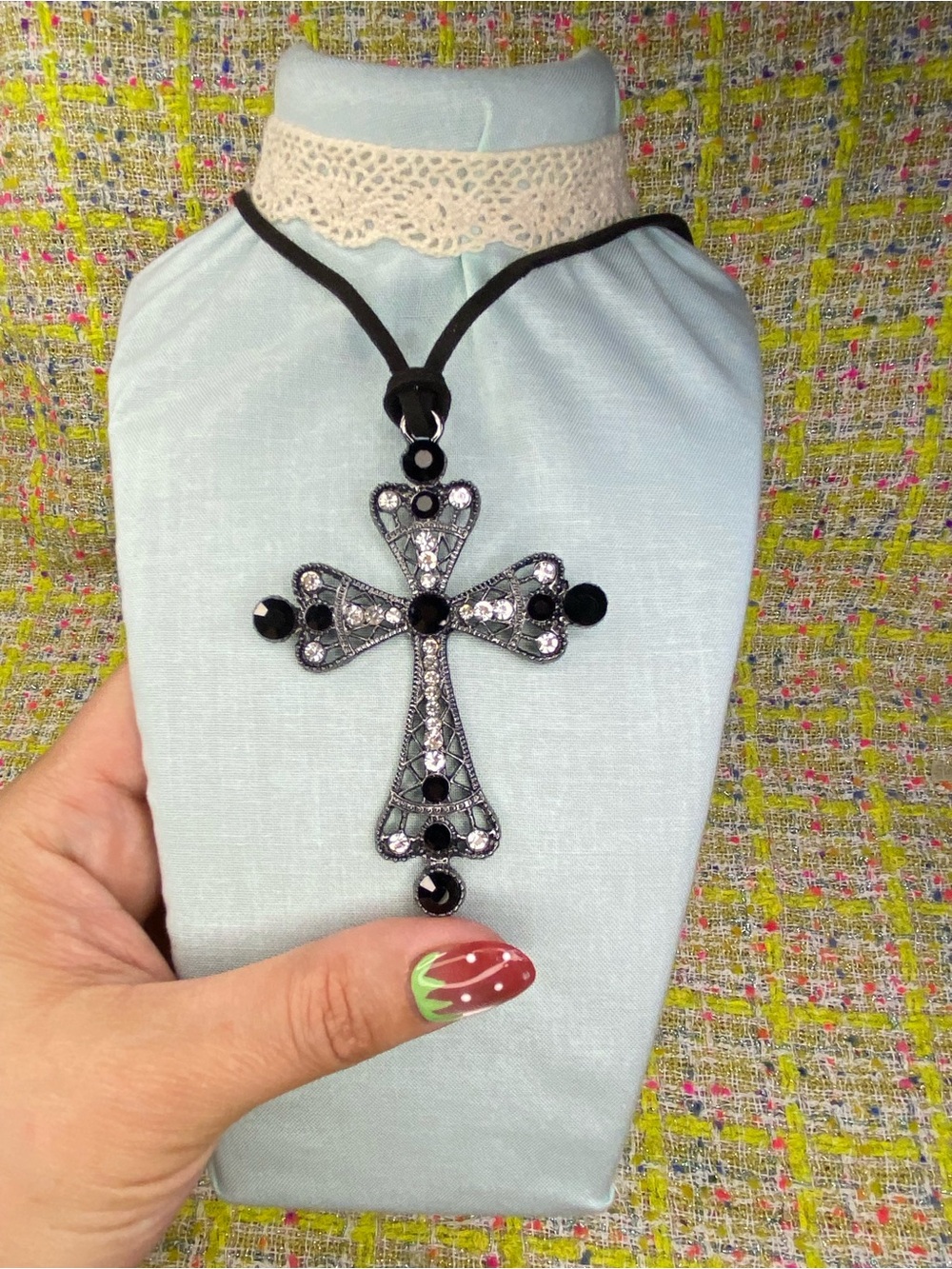 Black Crystal Cross Pendant Necklace - Women Jewelry